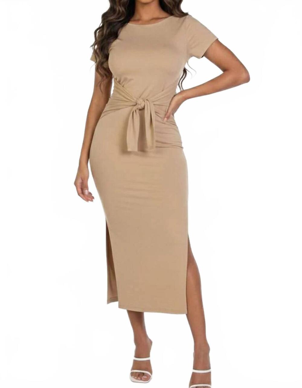 NEW CAPELLA tie front short sleeve side slit dress in l.ight taupe